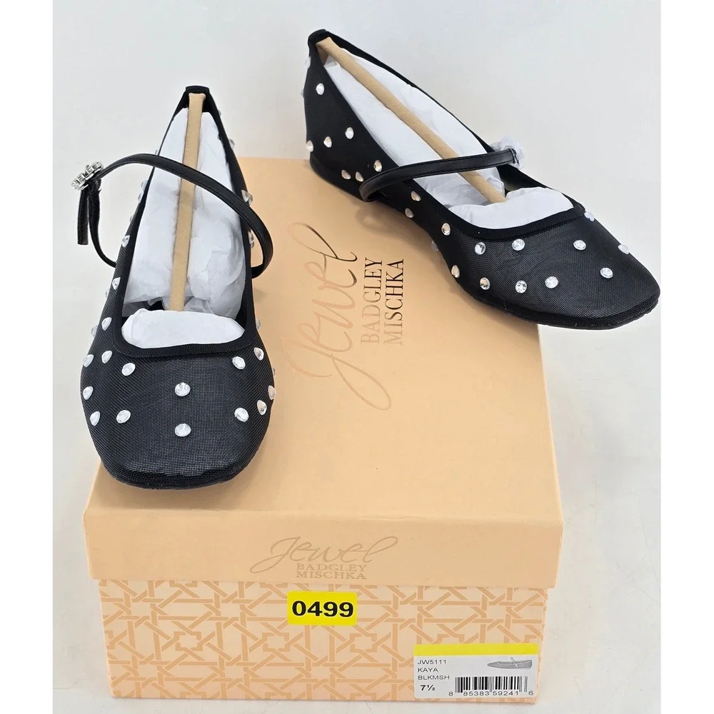 Jewel Badgley Mischka Kaya Flats Womens 7.5 Black Mesh Rhinestone - New